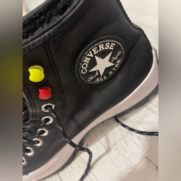 Converse Black and White leather High-Tops with Yellow and red Accent!Beautiful - Picture 7 of 14